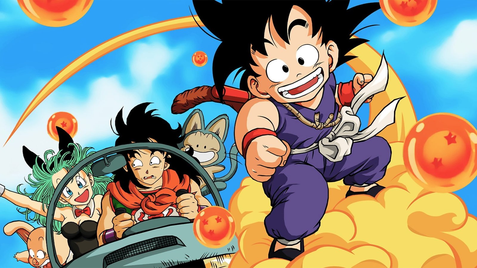 Ilustración oficial de Son Goku niño corriendo sobre la Nube Voladora entre las esferas del dragón, estilo Dragon Ball clásico