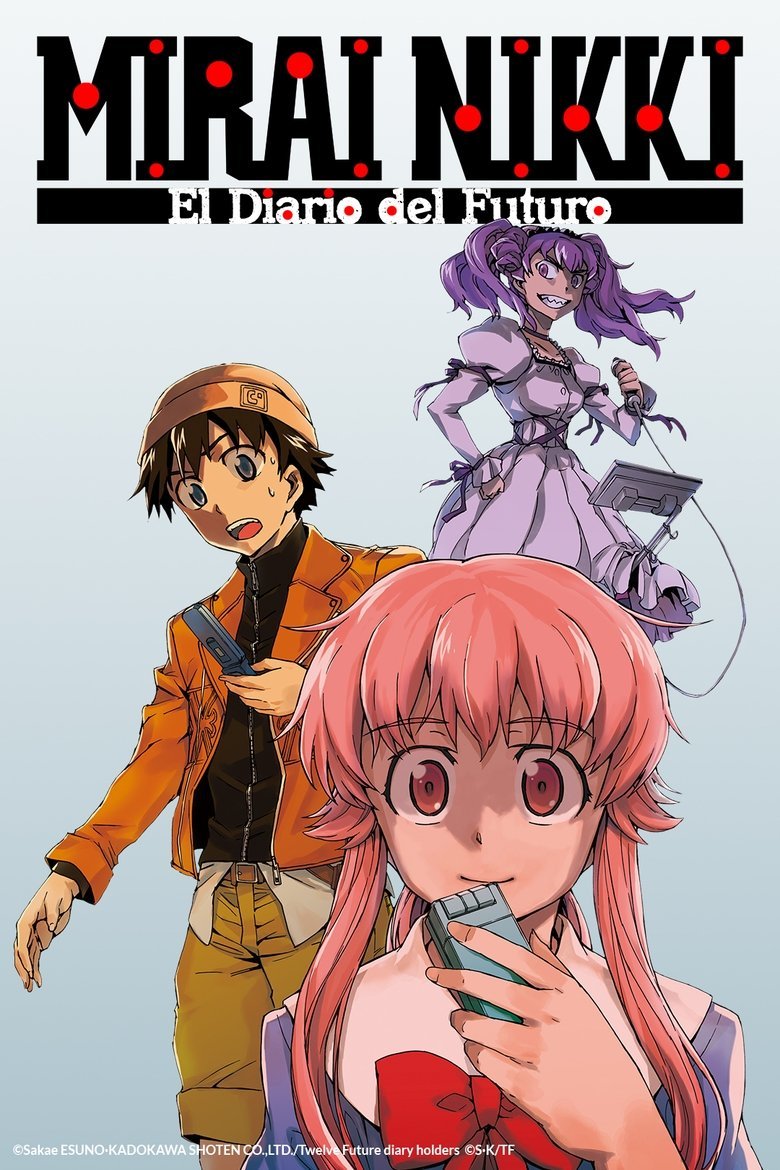 Cartel oficial de Mirai Nikki, con Yukiteru, Yuno y Deus Ex Machina