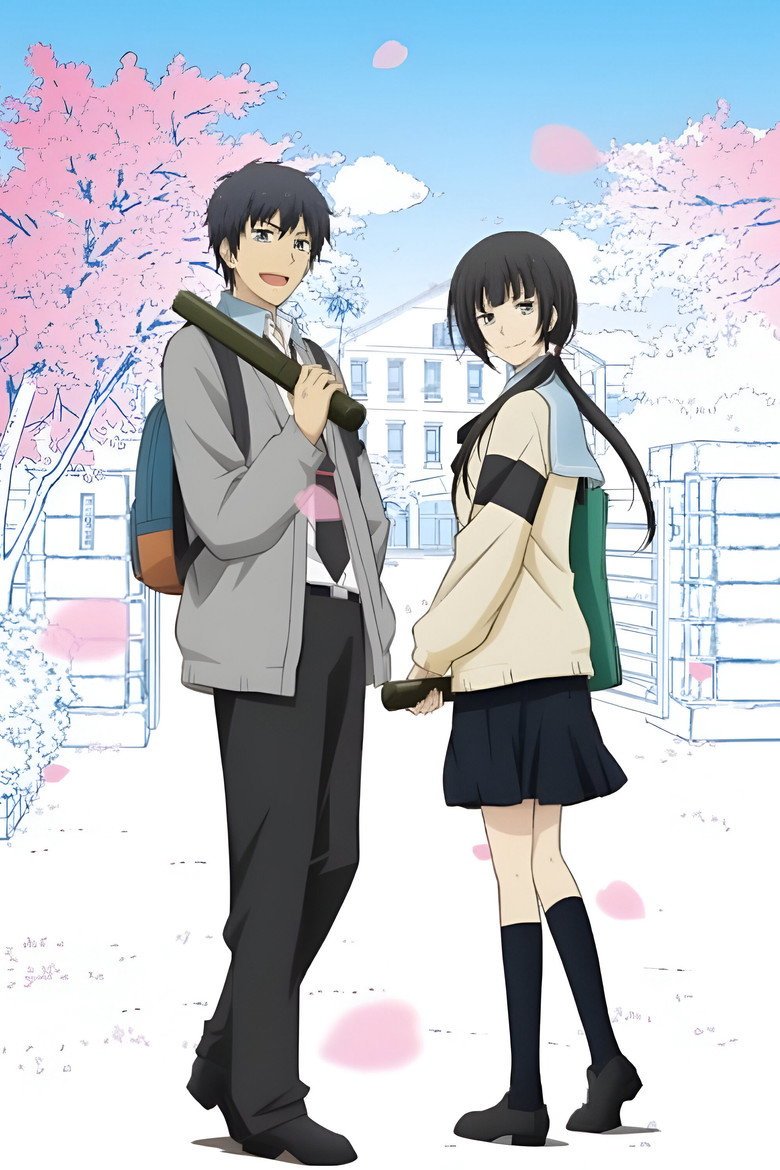Cartel oficial de ReLIFE con los dos protagonistas bajo cerezos en flor