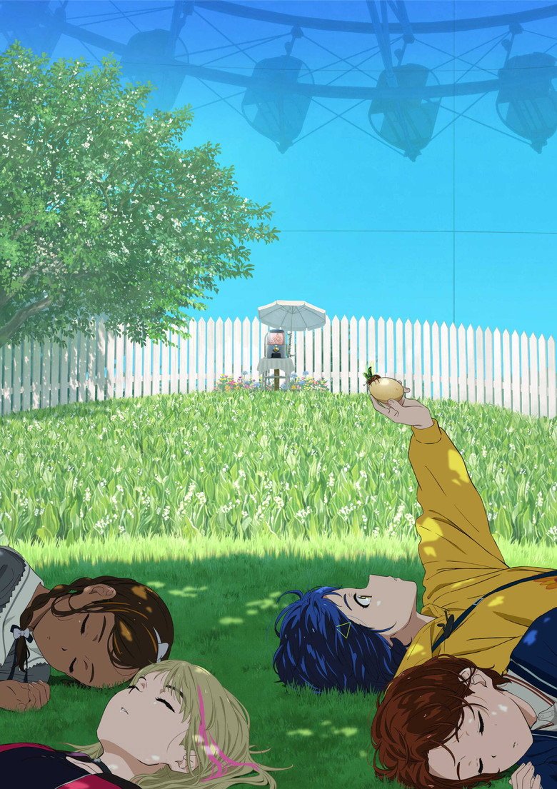Imagen clave oficial de Wonder Egg Priority con Ai en un jardín