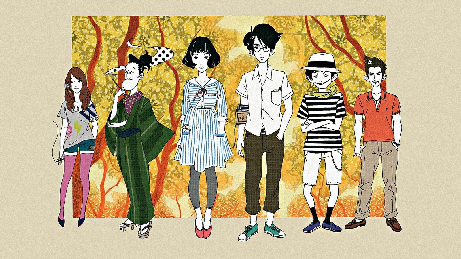 Ilustración clave oficial de The Tatami Galaxy con seis personajes de la serie en fila sobre un fondo de árboles otoñales estilizados
