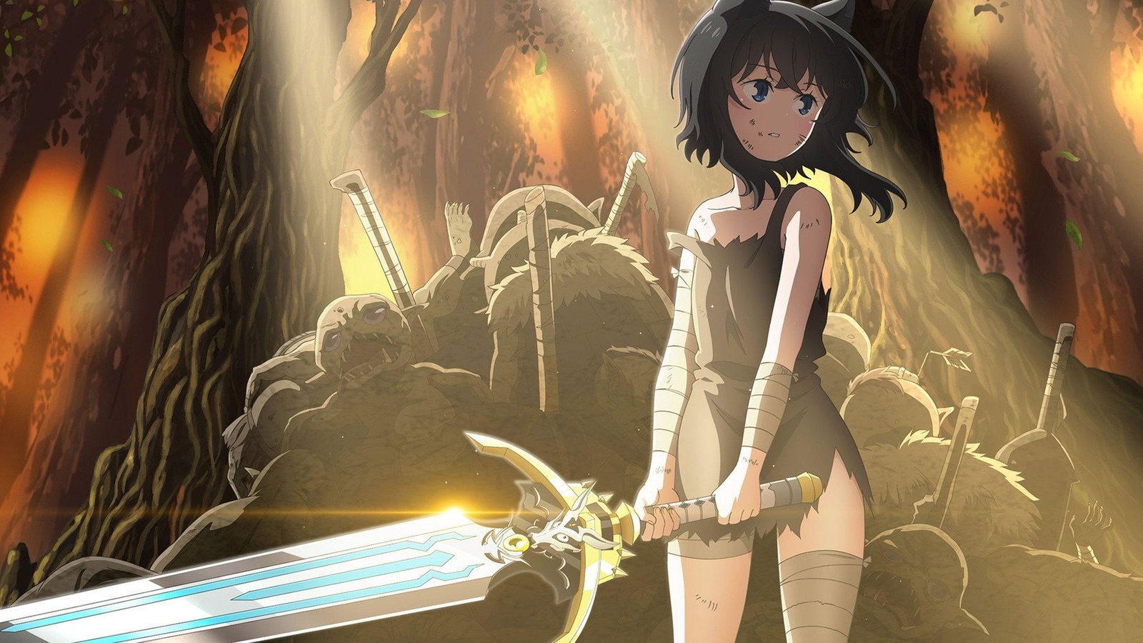 Ilustración oficial de Fran, la protagonista de Reincarnated as a Sword, sosteniendo una espada mágica en un bosque en llamas