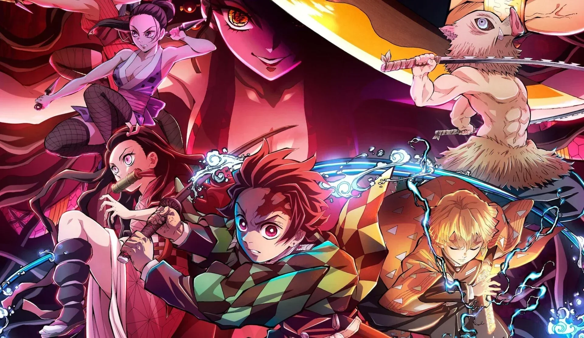 Ilustración oficial de los personajes principales de Demon Slayer en plena batalla