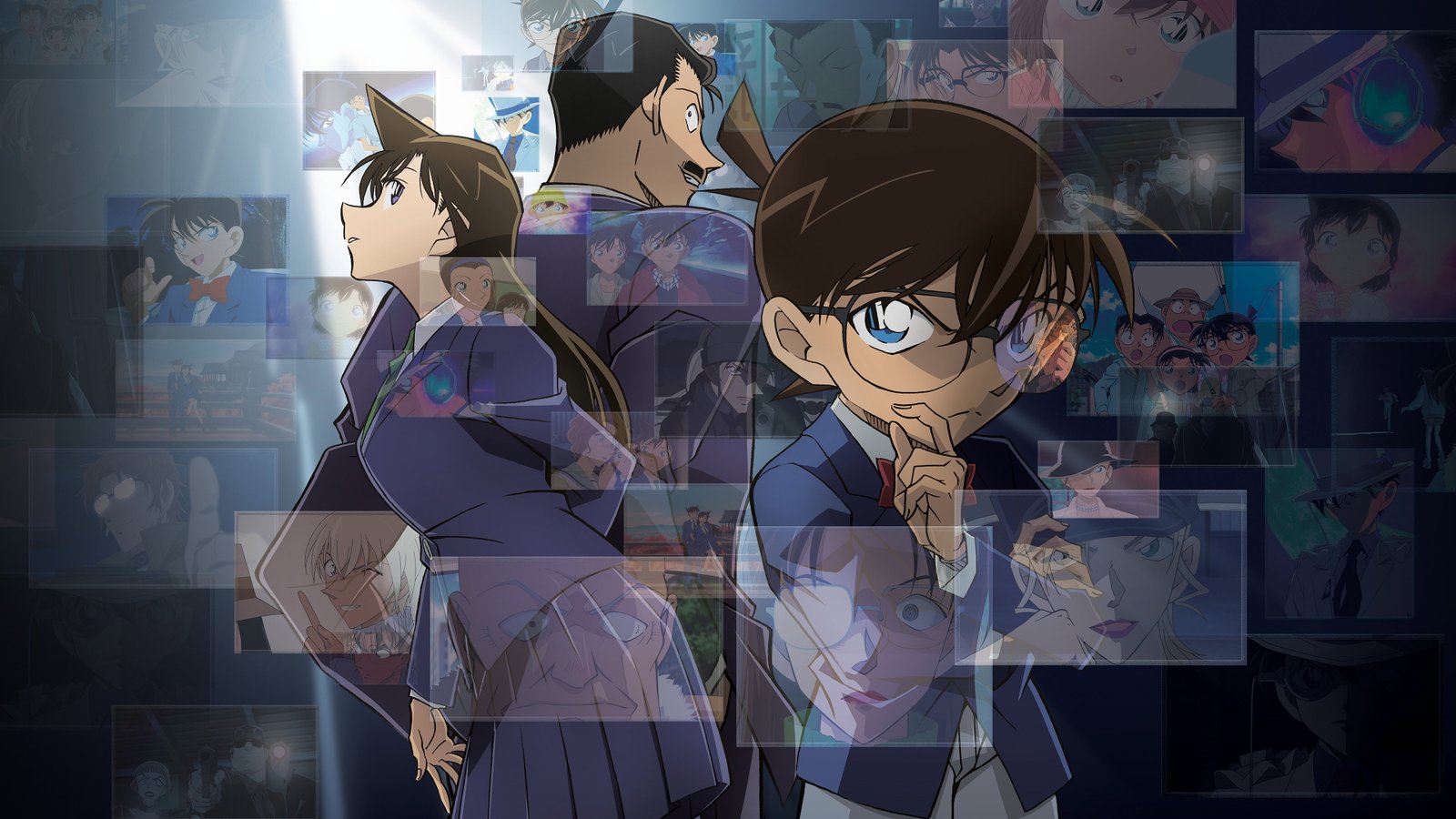 Collage oficial de Detective Conan con Shinichi Kudo, Ran Mouri y Conan Edogawa en primer plano sobre fotogramas de la serie