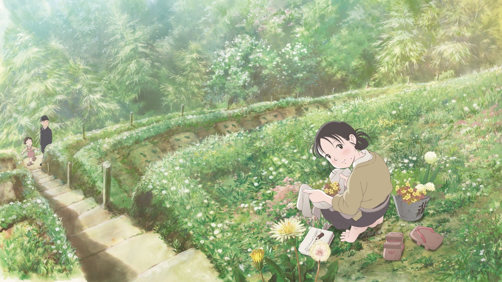 Fotograma oficial de In This Corner of the World, con una niña recogiendo flores en una ladera junto a su padre