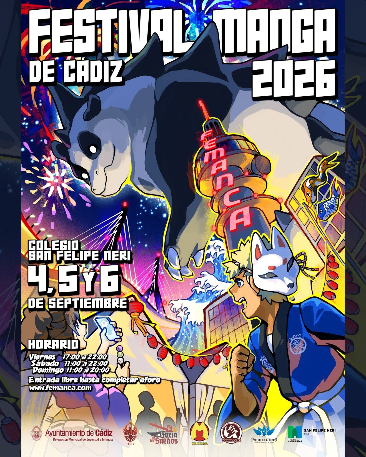 Cartel oficial de FEMANCA 2026 con un tanuki gigante junto a una torre con el logotipo del festival y un personaje con máscara de zorro, sobre fuegos artificiales