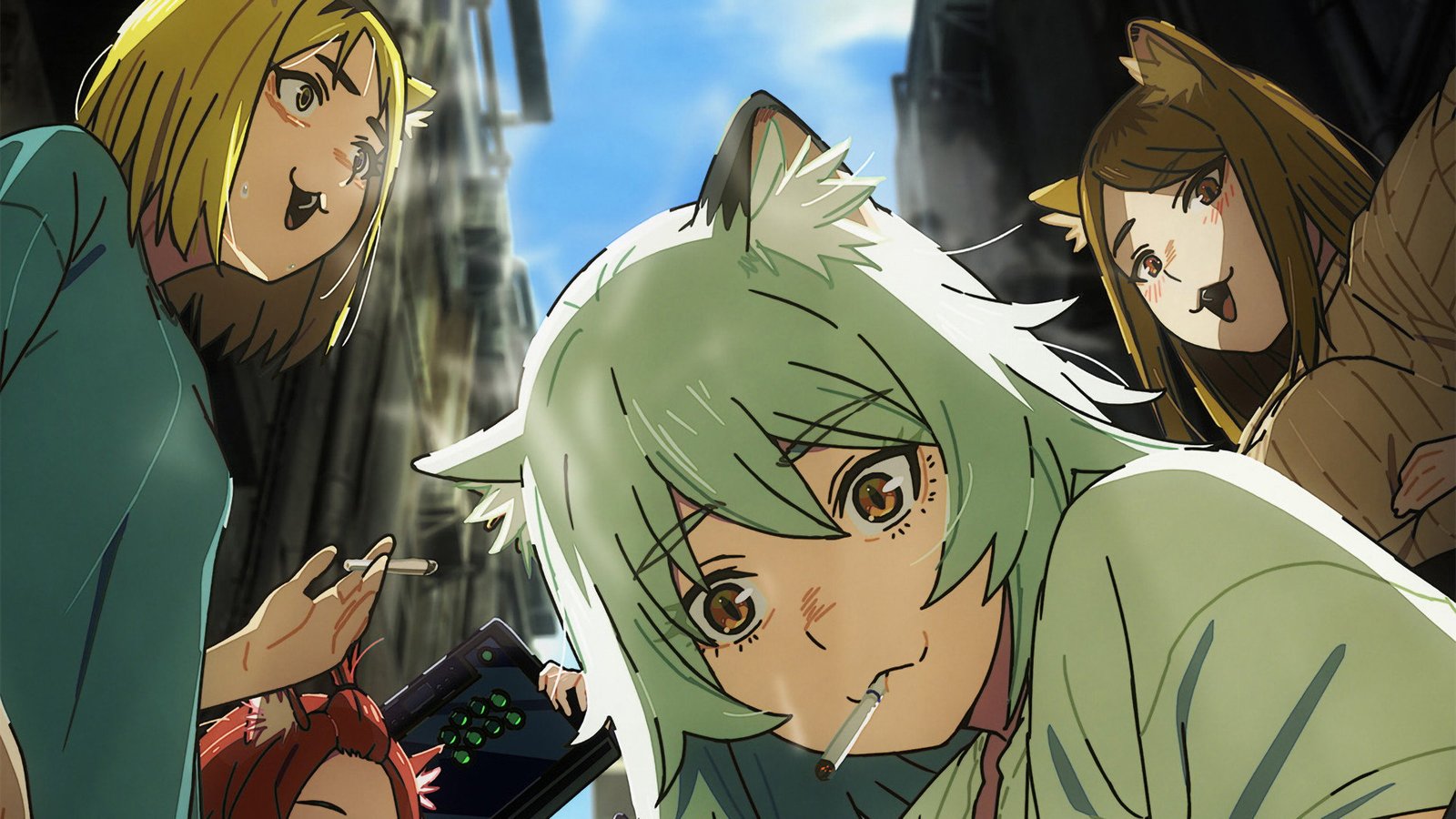 Ilustración oficial de Yaniko, la protagonista catgirl de Chainsmoker Cat, fumando un cigarrillo rodeada de sus vecinas