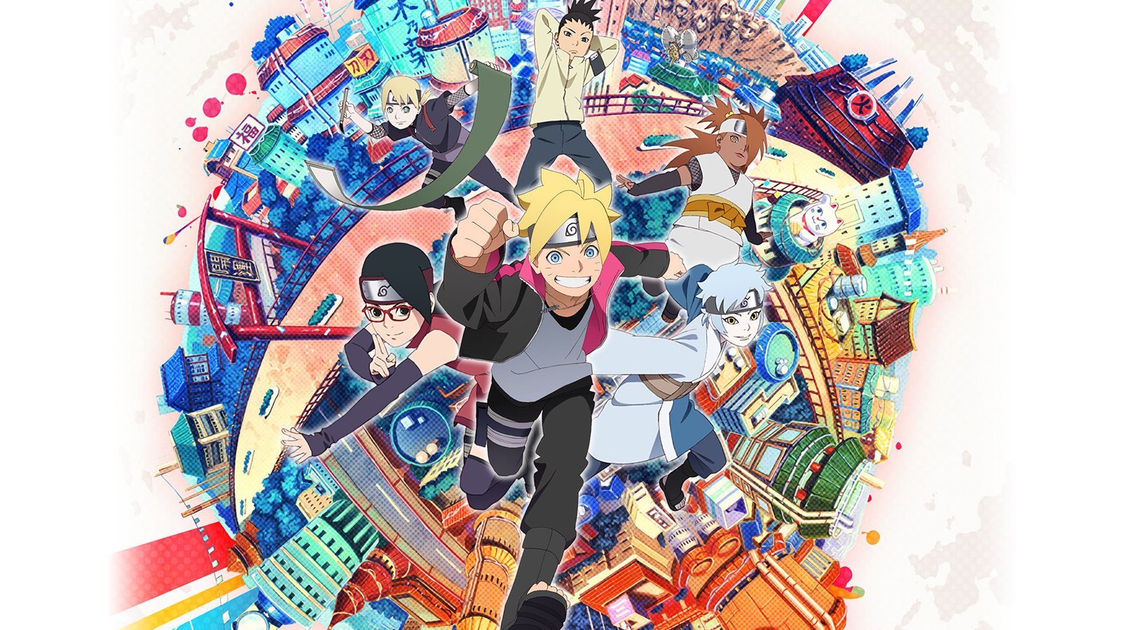 Ilustración oficial de Boruto Uzumaki corriendo al frente de Sarada, Mitsuki y el resto del reparto de Boruto: Naruto Next Generations