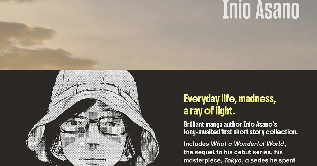 Ilustración promocional de la edición en inglés de Before Dawn and the End of the World, con un autorretrato de Inio Asano con sombrero de pescador y el texto "Everyday life, madness, a ray of light"