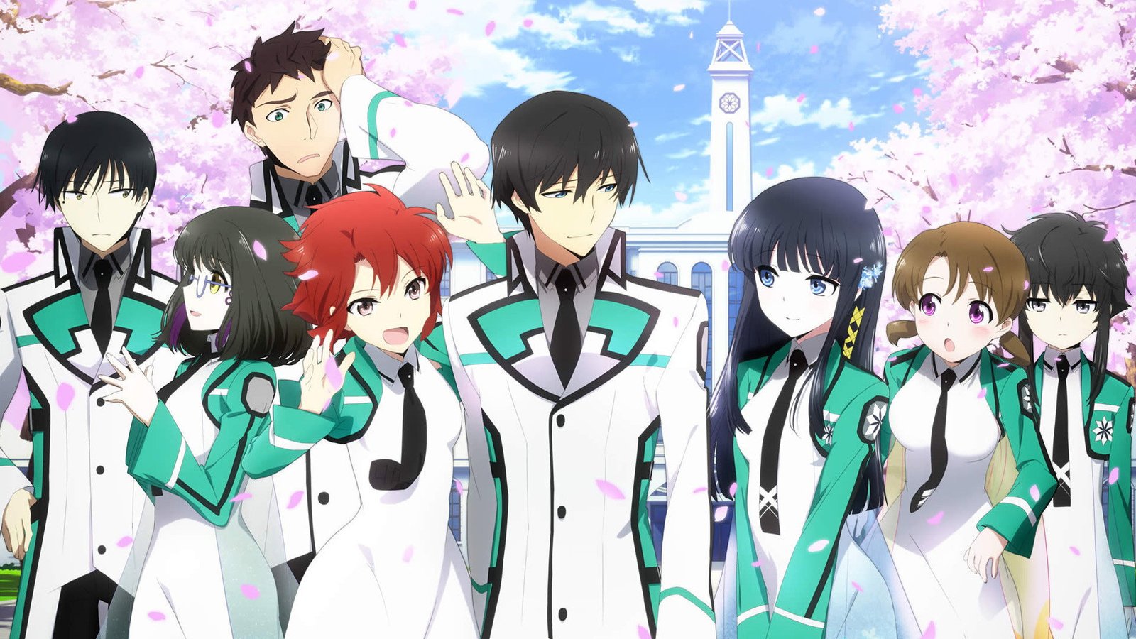 Ilustración oficial del reparto de The Irregular at Magic High School en uniforme escolar bajo cerezos en flor