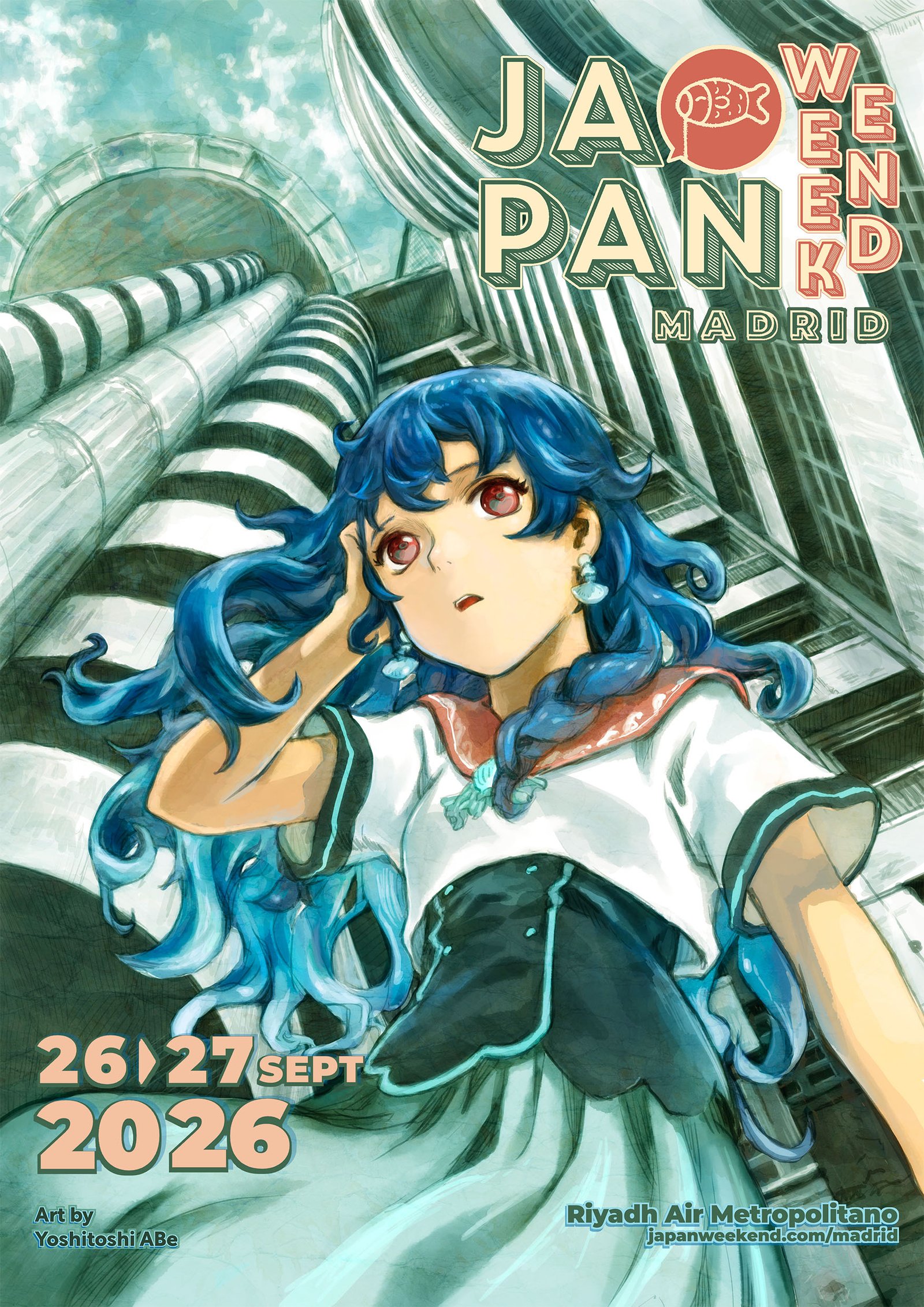 Cartel oficial de Japan Weekend Madrid septiembre 2026, ilustrado por Yoshitoshi ABe, con una chica de pelo azul y uniforme marinero recostada entre tuberías industriales y las fechas 26 y 27 de septiembre