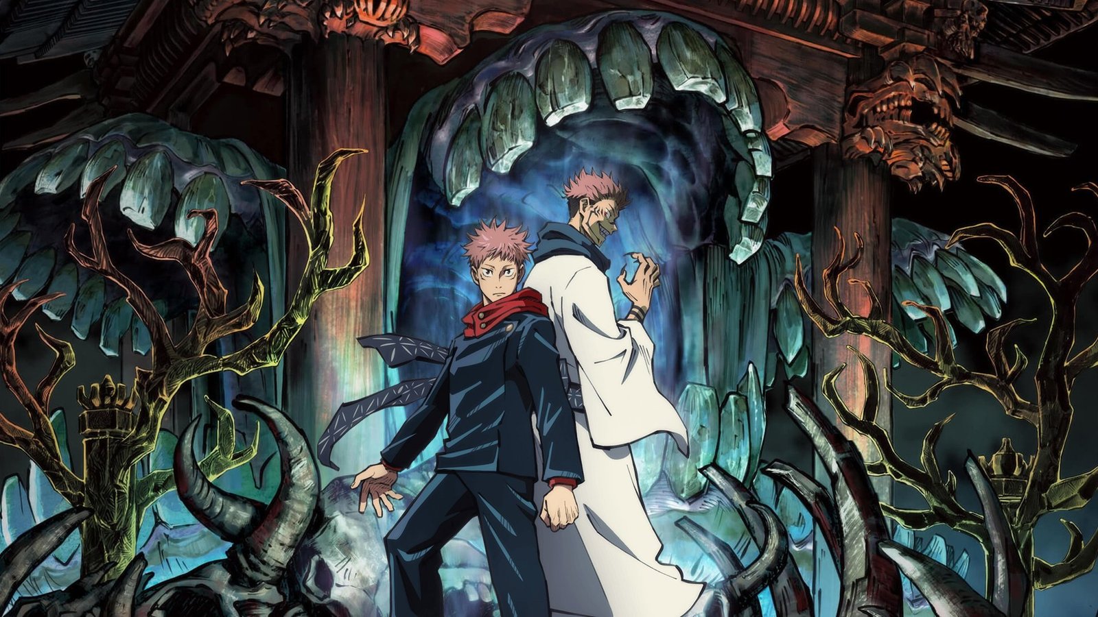 Ilustración oficial de Yuji Itadori y Sukuna de espaldas frente a la entrada de un templo japonés custodiado por estatuas demoníacas