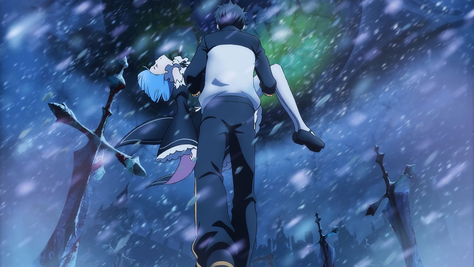 Ilustración oficial de Subaru cargando a Rem entre la nieve en Re:Zero, con espadas clavadas alrededor