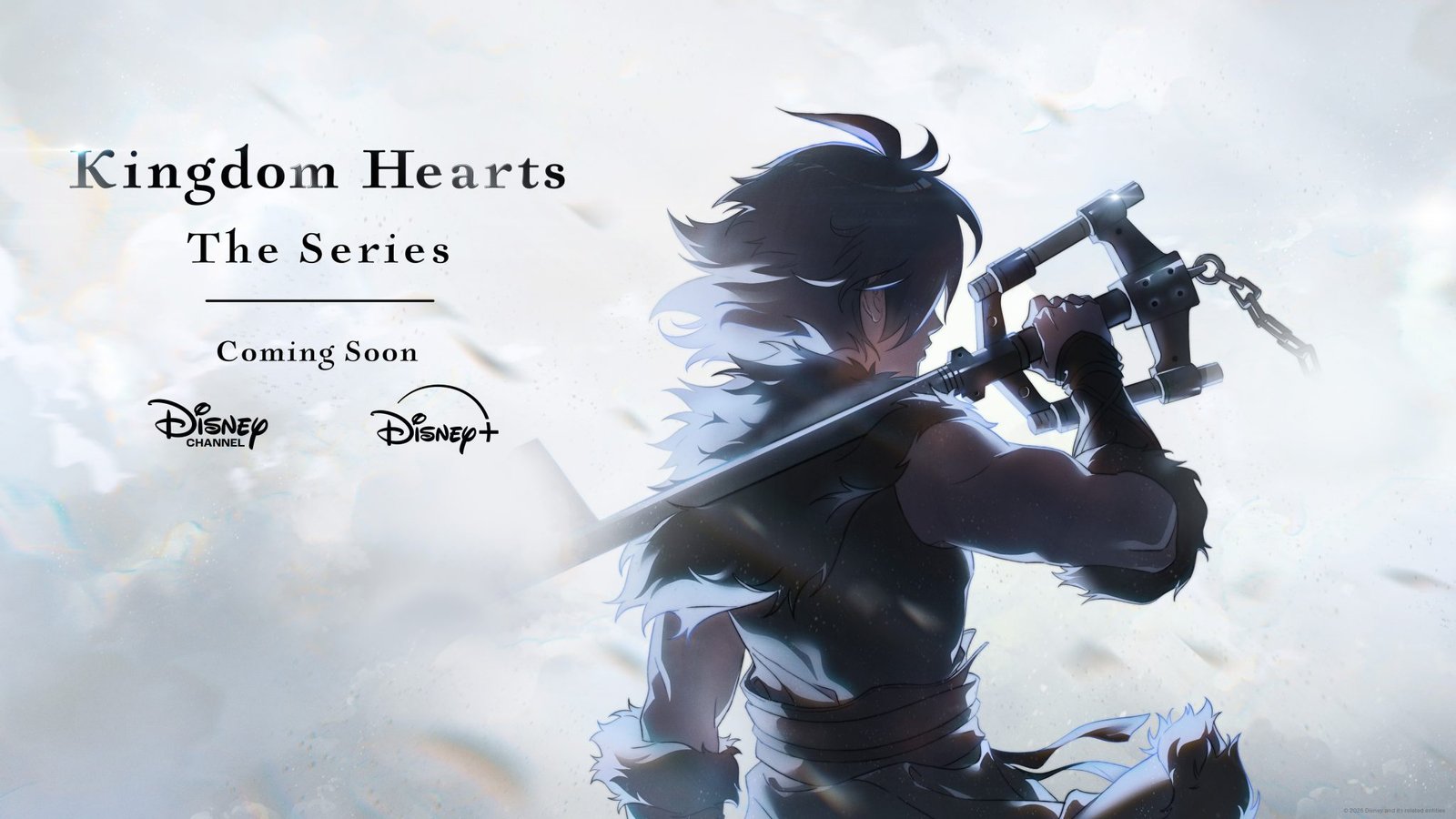 Cartel oficial de anuncio de "Kingdom Hearts: The Series", con un personaje de espaldas empuñando la Keyblade sobre un fondo blanco brumoso, junto a los logos de Disney Channel y Disney+