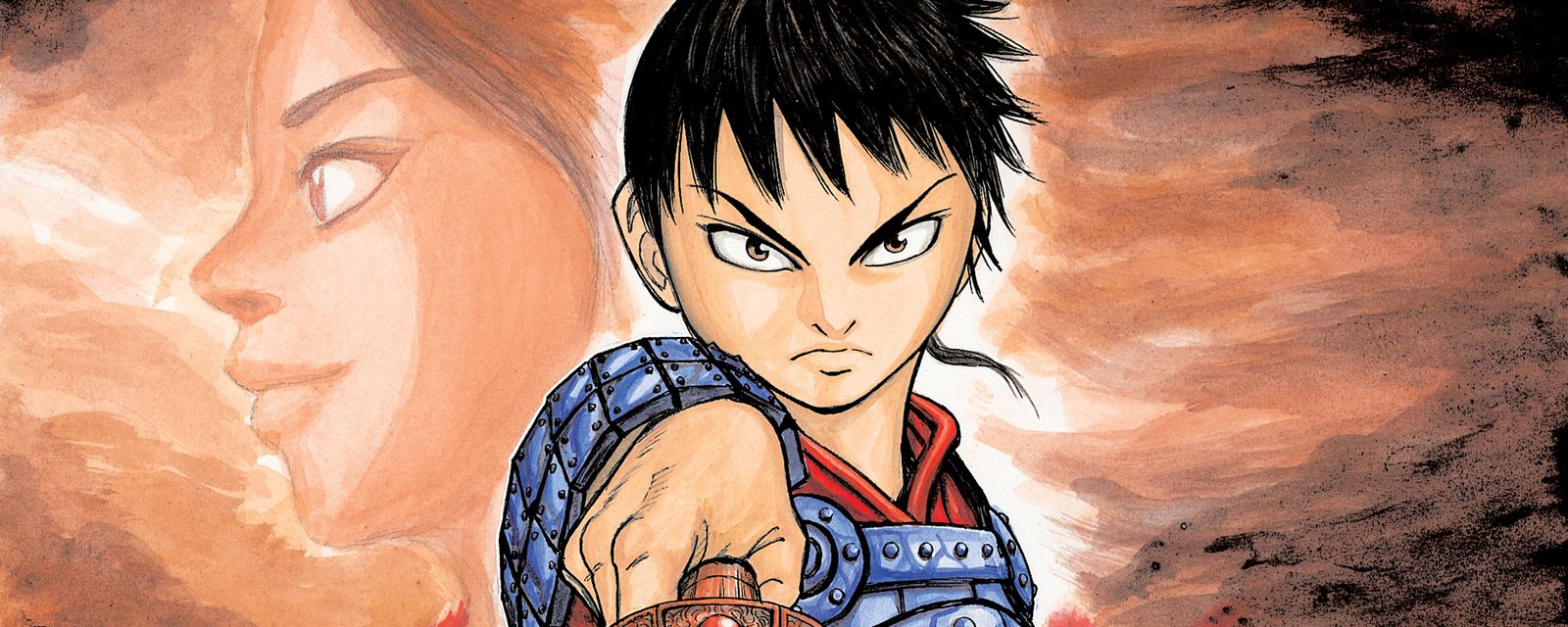 Ilustración promocional de la edición en inglés de Kingdom, con Shin en primer plano y una figura femenina al fondo sobre un cielo anaranjado
