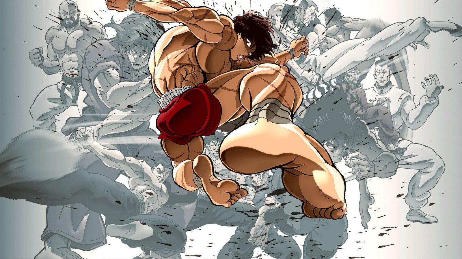 Ilustración oficial de Baki Hanma en plena pelea, con siluetas de sus rivales dibujadas en gris de fondo