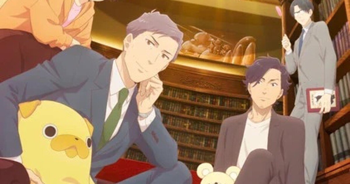 Imagen clave del anime Ojisan wa Kawaii Mono ga Osuki, con Mitsutaka Ōji y el peluche Pugtarō en una pastelería con estanterías de libros