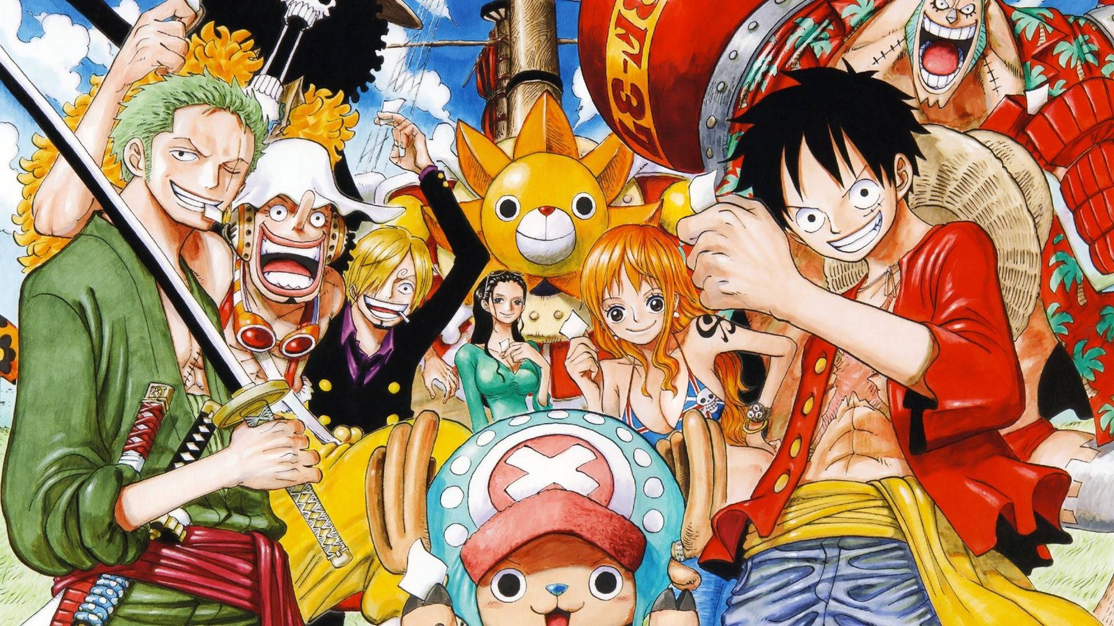 Ilustración oficial de la tripulación de los Sombrero de Paja: Zoro, Usopp, Sanji, Robin, Nami, Chopper y Luffy