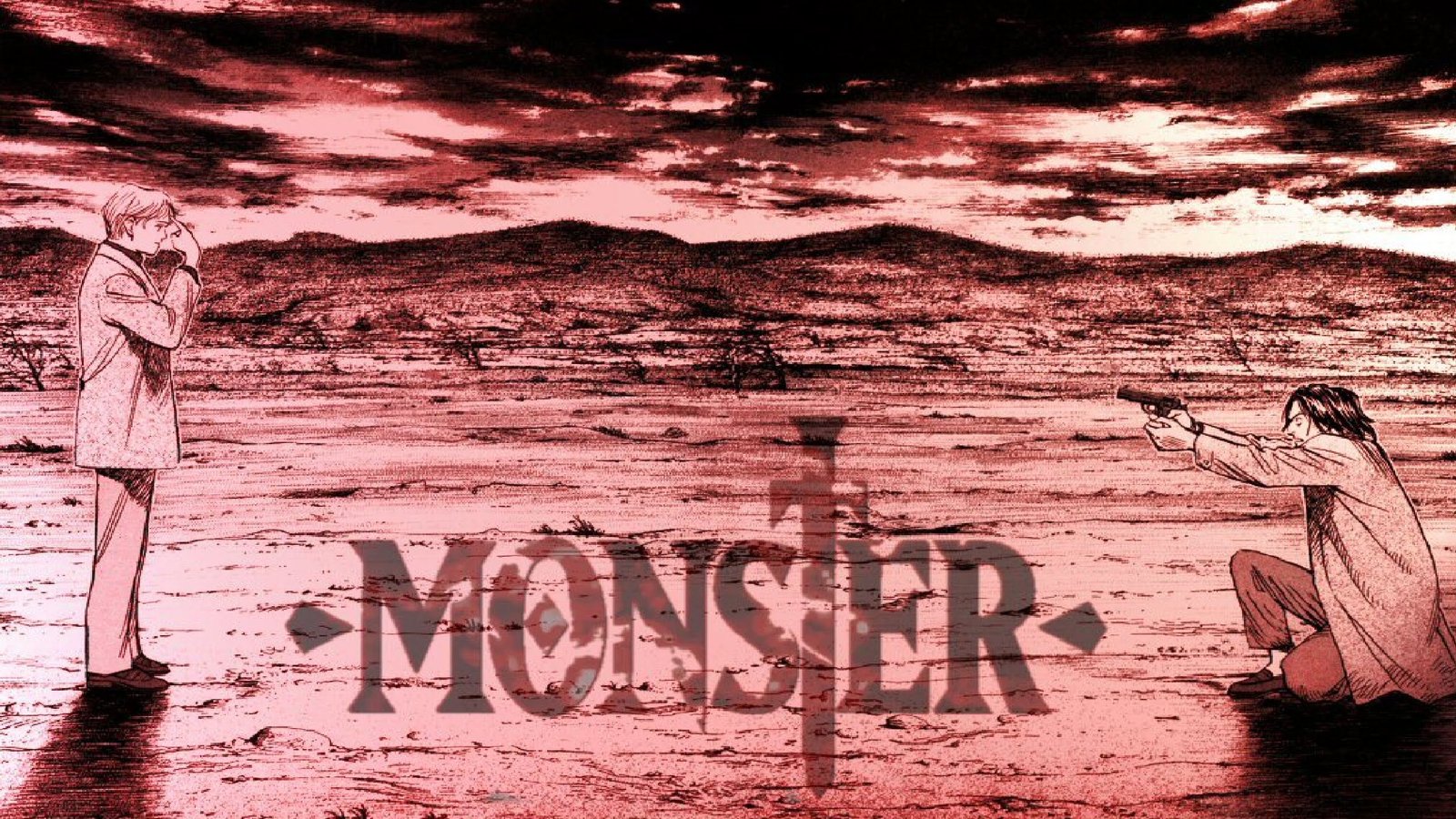 Cartel de Monster con dos hombres enfrentados en un paisaje desolado, uno de ellos apuntando con una pistola