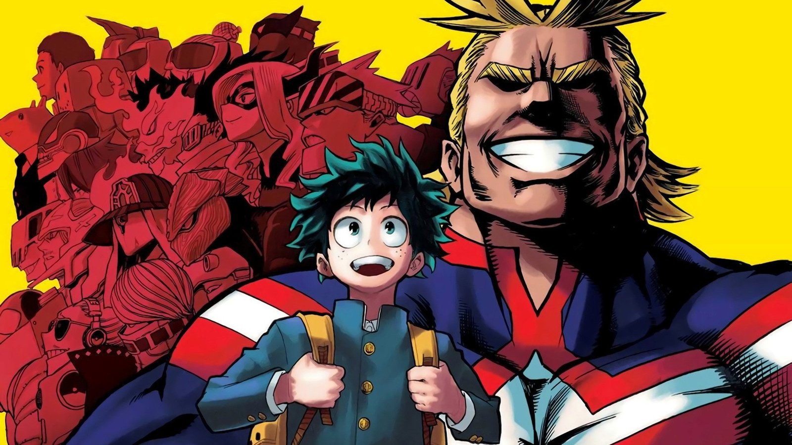Ilustración oficial de Izuku Midoriya y All Might de My Hero Academia, con siluetas rojas del reparto de fondo