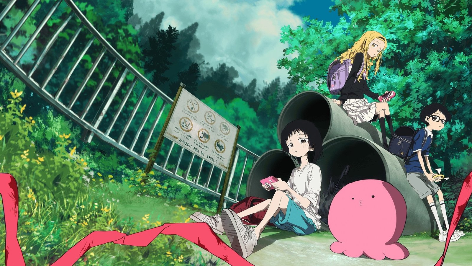 Ilustración oficial de Shizuka sentada junto a Takopi, el alienígena rosa, en un parque infantil