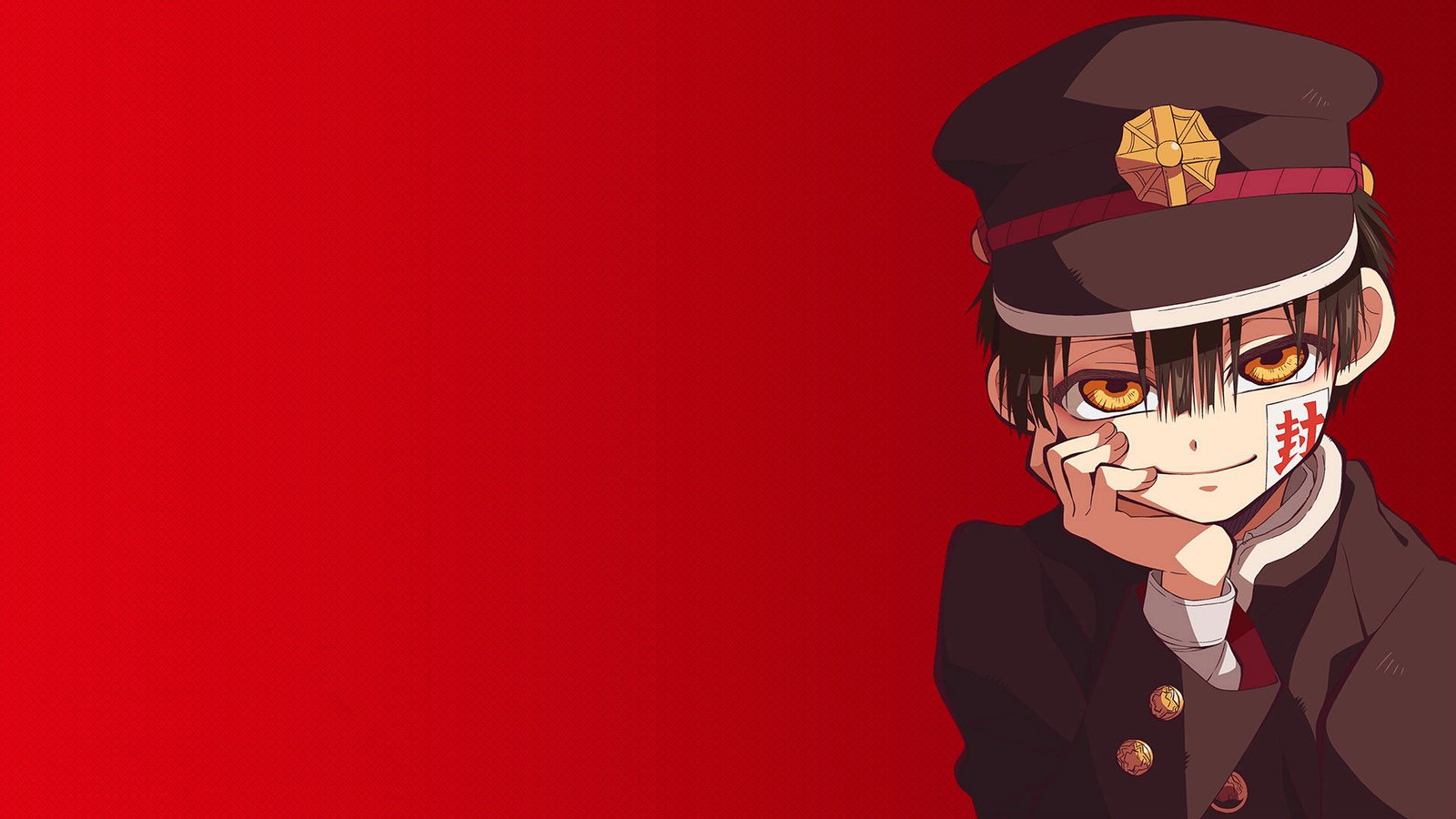 Ilustración oficial de Hanako-kun apoyando la cara en la mano sobre un fondo rojo, con un talismán de papel en la mejilla