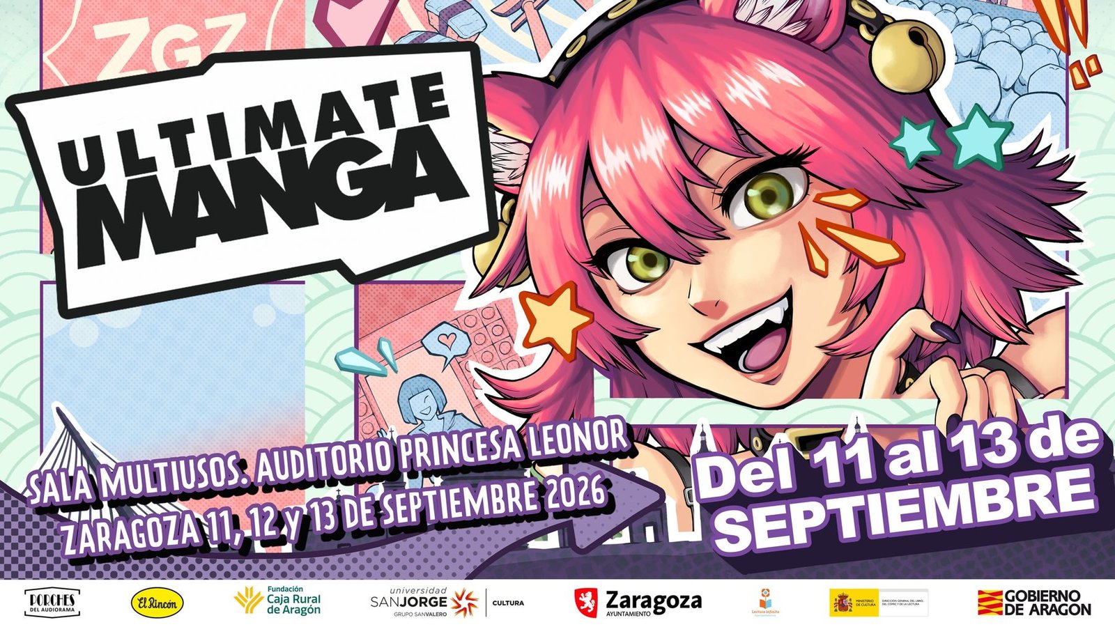 Cartel oficial de Ultimate Manga Zaragoza 2026, con una chica de estilo manga de pelo rosa y coletas con cascabeles, y el logotipo del festival con las fechas del 11 al 13 de septiembre