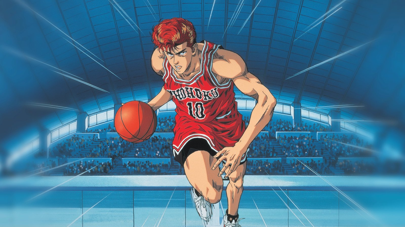 Ilustración oficial de Hanamichi Sakuragi de Slam Dunk botando un balón de baloncesto en un pabellón lleno de público