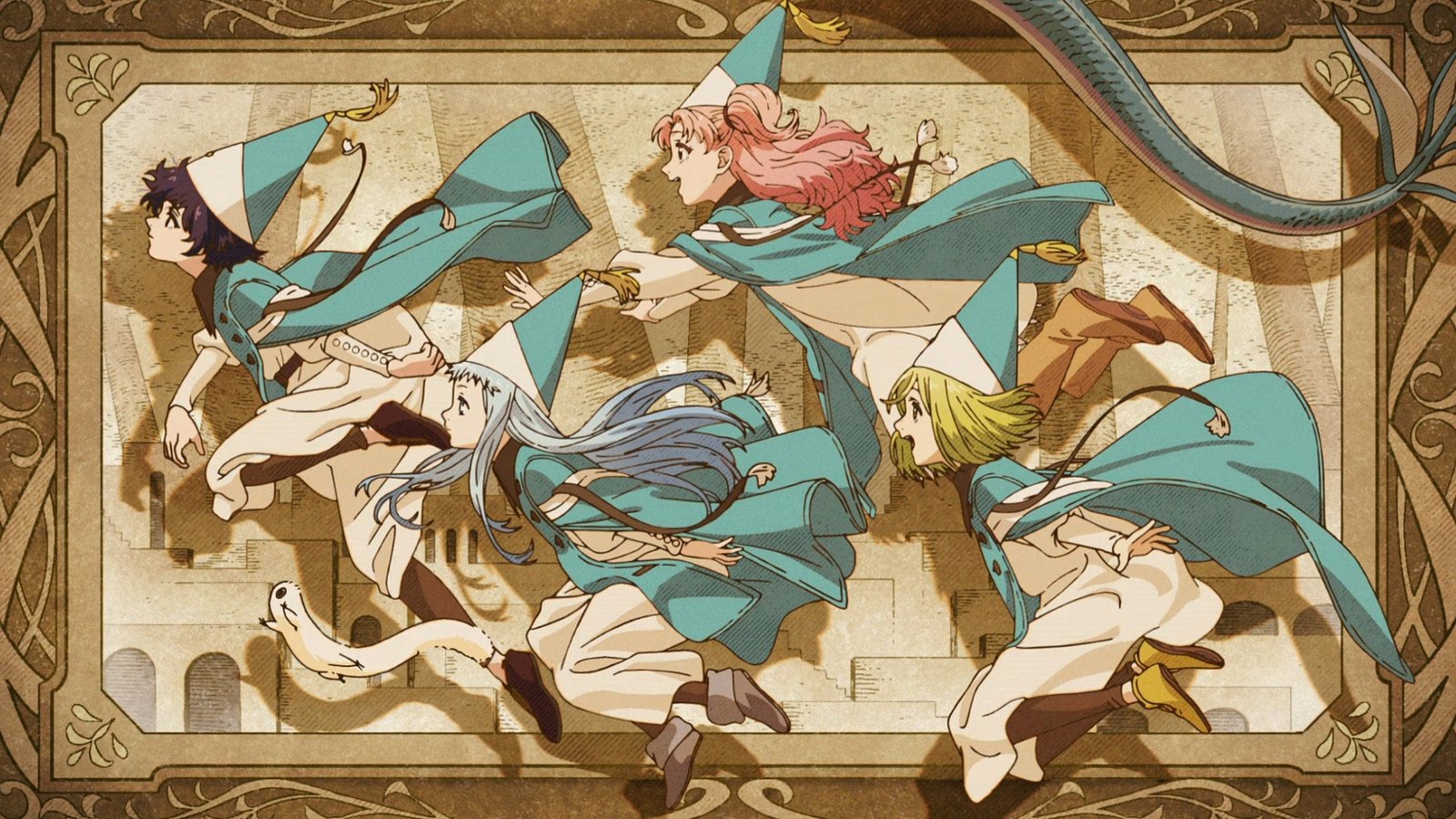 Ilustración oficial de los aprendices de Witch Hat Atelier volando con sus sombreros de bruja sobre un fondo dorado