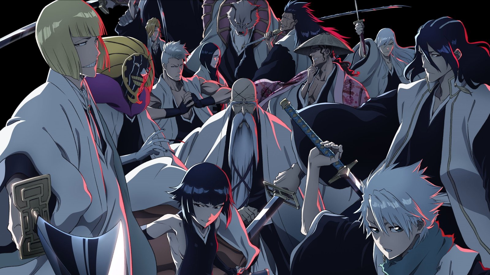Ilustración oficial de varios shinigamis de Bleach reunidos ante la entrada de un templo, con Toshiro Hitsugaya en primer plano a la derecha