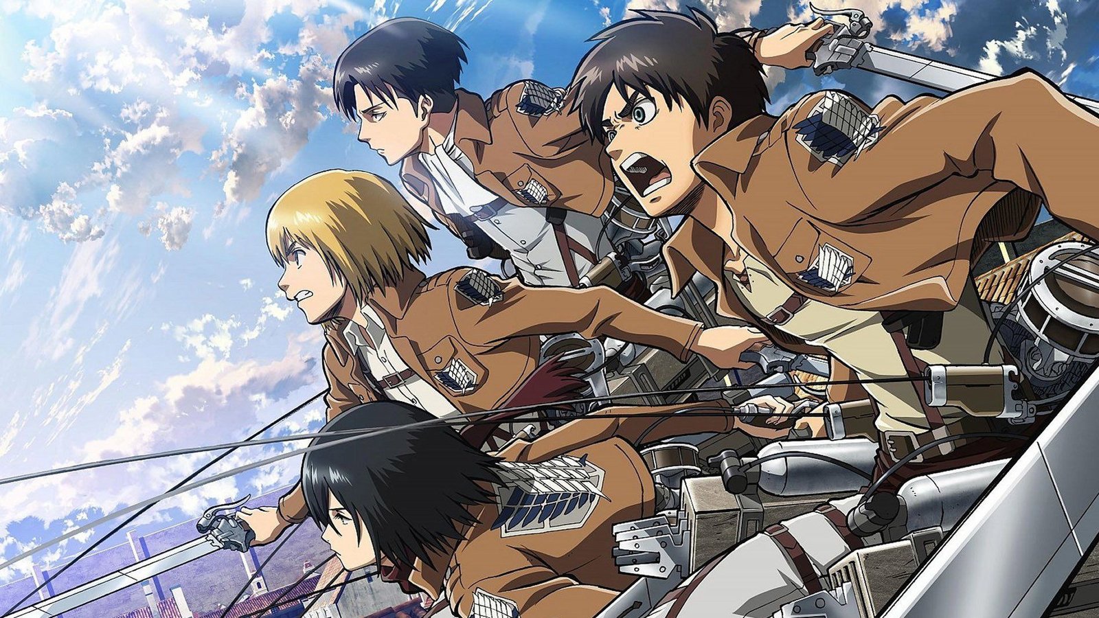 Eren, Mikasa y Armin con el equipo de maniobras tridimensionales, listos para el combate