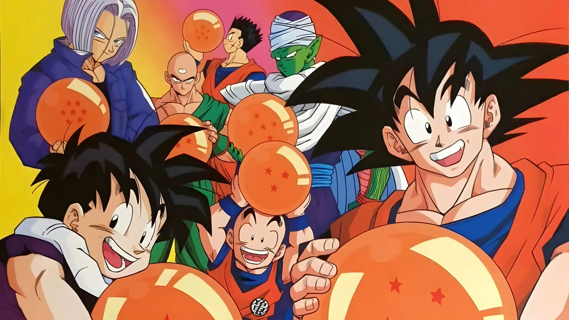 Goku y sus amigos reunidos con las siete bolas de dragón