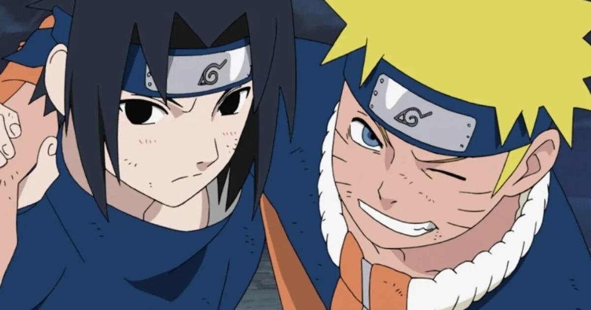 Naruto y Sasuke de niños, sonriendo juntos